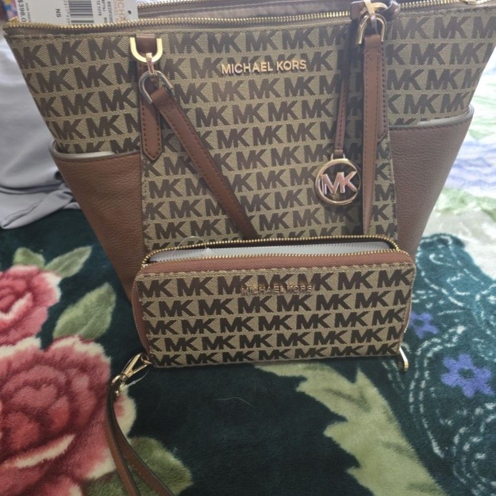 Michael Kors Brown Monogram Tote Bag And Matching Wallet.